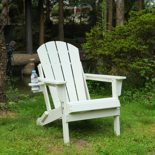 HDPE Folding Adirondack Chair with Dual Cup Holder - Composite Adirondack Chair with Wood Texture- White