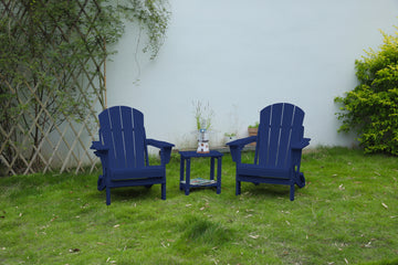 Folding Adirondack Chair with Side Table, 3-Piece Adirondack Chair Set with Wood Texture, Navy Blue(includes 2 Chairs and 1 Table)