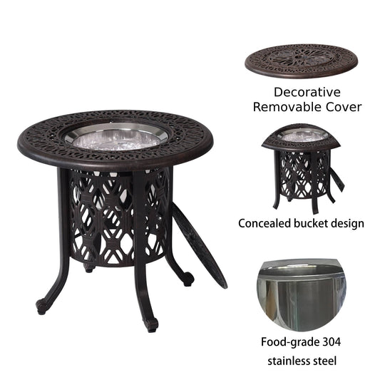 21" Cast Aluminum Ice Bucket Table with Hand-Brushed Bronze Patina Look Top and Removable Cover, Food-Grade 304 Stainless Steel Bucket